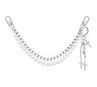 TUCEWP Pearl Purse Chain 12.5" Faux Pearl Silver Short Bag Handle Shoulder Strap Extender Replacement with Rhinestone Cross Keychain Bag Charms Chain for Purse Handbags Decor Religious Gifts for Women