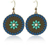 TUCEWP Vintage Boho Flower Dangle Earrings for Women Handmade Retro Enamel Bronze Drop Earrings Tribal Round Floral Hook Earrings Bohemian Ethnic Geometry Statement Jewelry Unique Beach Vacation Gift