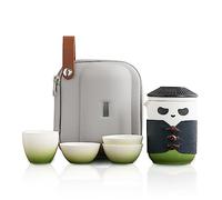 TUCHACA Travel Tea Set, Cute Panda Tea Cup with Portable Bag, 350ml Ceramic Gongfu Teapot with 4 Ceramic Teacups, with Tea Strainer. (Green)