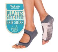 Tucketts Allegro Toeless Non-Slip Grip Socks, Recycled Cotton, Made in Colombia, Mary Jane Style Perfect for Yoga, Barre, Pilates, One Size Fits Most, 1 Pair, Vertical Block Grey/Blush