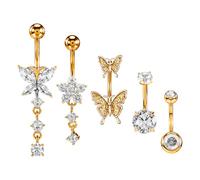 Tucnoeu Pack of 5 hanging belly button piercings, gold surgical steel, belly button piercing, butterfly, piercing navel piercing, gold, 10 mm bar length, 1.5 mm thickness