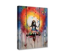 Tucocoo 1-Piece Wall Canvas - Banksy Little Girl Swing Street Pop Art Picture - Contemporary Artwork - Interior Decoration for Living Room - Wood Framed - Ready to Hang