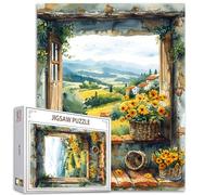 Tucocoo 1000 Piece Jigsaw Puzzle for Adults - Flower Field Painting - Country Window with Baskets - Family Activities Game DIY