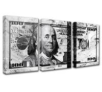 Tucocoo 3 Panels Black and White Canvas Wall Art 100 Bill Dollar Cash Benjamin Franklin Canvas Printing Poster Home Decor for Living Room Framed Gallery-Wrapped Ready to Hang-42”X20”