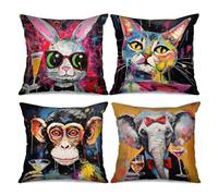 Tucocoo 4 Pcs Funny Animal Square Throw Pillow Covers 18x18 Inches,Cute Rabbit Cat Decorative Throw Pillow Covers for Sofa Car Monkey Elephant