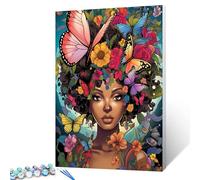 Tucocoo Afro Woman Paint by Numbers Kits 16x20 inch Canvas DIY Oil Painting for Adults with Brushes and Acrylic Pigment - Abstract Butterfly Flower Black Female Picture for Home Decor (Without Frame)