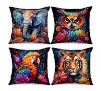 Tucocoo Animal Flowers Throw Pillow Covers 18x18 inches Set of 4 Colorful Floral Decorative Cushion Cases Abstract Owl Tiger Closeup Modern Decor Home Decorations for Couch Bed Patio Sofa Pillowcase