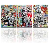 Tucocoo Art Work for Home Walls Banksy Graffiti Pictures Little Boy and Girl Paintings 3 Pcs Canvas Colorful Pop Art Modern Artwork Home Decor for Living Room Wooden Framed Ready to Hang 48''Wx24''H