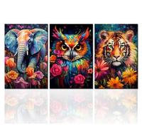 Tucocoo Art Work for Home Walls Elephant Owl Tiger Portrait Pictures Abstract Animals Paintings 3 Panel Canvas Flowers Art Modern Artwork Home Decor for Living Room Framed Ready to Hang 48''Wx24''H