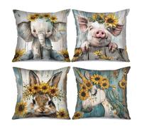 Tucocoo Baby Elephant Throw Pillow Covers Sunflowers Piggy Pillowcase Cute Rabbit Cushion Cover Unicorn and with Flowers on Head Cushion Case 4 Set Cartoon Couch Sofa Office Decor Gift(18 x18 Inch)
