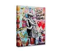 Tucocoo Banksy Graffiti Pictures for Living Room Little Boy and Girl Street Paintings 1 Pieces Canvas Colorful Pop Wall Art Modern Artwork Home Decor Giclee Framed Stretched Ready to Hang 12x16inch