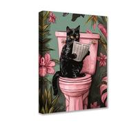 Tucocoo Black Cat on Toilet Canvas Wall Art Animal Read Newspaper Picture 1P Tropical Plant Posters Prints Cute Modern Artwork for Living Room Bedroom Home Decor Framed Gallery-Wrapped Ready to Hang