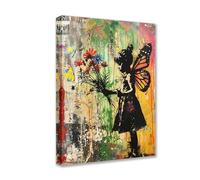 Tucocoo Butterfly Girl Canvas Poster Painting Street Pop Art Vintage Wall Art Retro Abstract Flowers Picture Modern Artwork Framed Ready to Hang for Living Room Bedroom Office Wall Decor 12x16 inch