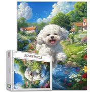 Tucocoo Country Village Bichon Jigsaw Puzzles for Adults 1000 Pieces, Flower Garden River Dog Running Art Puzzle Colorful DIY Puzzles for Home Decoration Gifts, Family Puzzle Perfect for Game Nights
