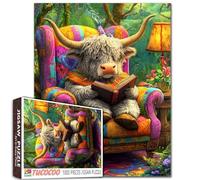 Tucocoo Cute Highland Cow Jigsaw Puzzle 1000 Pieces Animal Reading Book Puzzles for Adults, Colorful Chair Forest Art Puzzle for Challenging Family Education Activity Games DIY Crafts Gift Home Decor