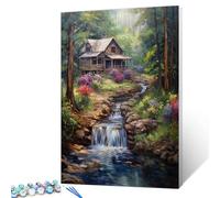 Tucocoo Forest Waterfall Paint by Numbers Kits 16x20 inch Canvas DIY Oil Painting for Adults with Brushes and Acrylic Pigment-Rustic Wood Cabin Trees Landscape Picture for Home Decor (Without Frame)