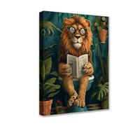 Tucocoo Funny Lion on Toilet Canvas Wall Art Animal Read Newspaper Picture 1P Tropical Plant Posters Prints Cute Modern Artwork for Living Room Bedroom Home Decor Framed Gallery-Wrapped Ready to Hang