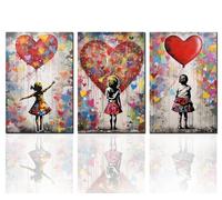 Tucocoo Graffiti Love Paintings for Living Room Street Pop Art Pictures 3 Pcs Canvas Banksy Little Girl Wall Art Contemporary Artwork Home Decor Giclee Wooden Framed Ready to Hang Gifts 48''Wx24''H