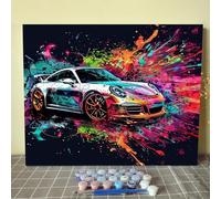 Tucocoo High Performance Sports Car Paint by Number for Adults, DIY Graffiti Porsche Oil Painting Kits on Canvas with Brushes and Acrylic Pigment, Colorful Style for Home Decor 16x20inch (Frameless)