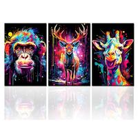 Tucocoo Large Pictures for Living Room Graffiti Animals Portrait Paintings 3 Panel Canvas Monkey Deer Giraffe Wall Art Modern Artwork Home Decor for Bedroom Wooden Framed Ready to Hang 60''Wx28''H