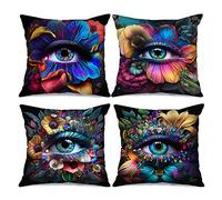 Tucocoo Modern Decorative Pillow Covers 18x18 inches Set of 4 Fantasy Flowers Throw Pillow Covers Sunflowers Evil Eyes Square Pillowcase Colorful Floral Cushion Case for Couch Sofa Bed Car Patio