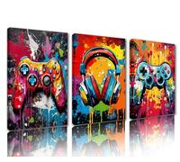Tucocoo Office Decor for Men Banksy Game Controller Pictures Graffiti Headphones Paintings 3 Panel Canvas Street Art Colorful Wall Artwork Home Decor for Living Room Framed Ready to Hang 42''Wx20''H