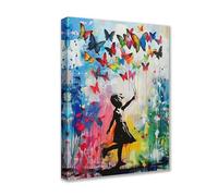 Tucocoo Room Wall Pictures Colorful Butterflies Paintings 1 Pcs Canvas Little Girl Banksy Street Art Graffiti Modern Artwork Home Decor for Living Room Framed Gallery-wrapped Ready to Hang 24x36 inch