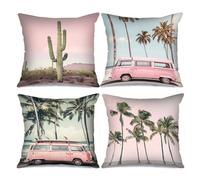 Tucocoo Seaside Palm Trees Throw Pillow Covers 18x18 inch Set of 4, Desert Cactus Landscape Art Decorative Cushion Cases Pink Car Vintage Retro Style Modern Decor for Couch Bed Patio Sofa Pillowcase