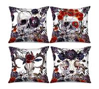 Tucocoo Skull Decorative Cushion Covers 18 x 18 Inch Set of 4 Vintage Botanical Throw Scary Skull Gothic Floral Modern Square Bed Home Decor