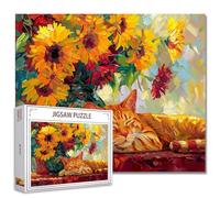 Tucocoo Sleeping Cat Jigsaw Puzzle 1000 Pieces Puzzles for Adults, Cute Kitten Retro Sunflowers Art Jigsaw Puzzles for Challenging Family Activity Games Colorful DIY Craft Puzzle for Home Decor Gifts