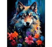 Tucocoo Wolf Portrait Paint by Number for Adults, DIY Digital Oil Painting Kits on Canvas with Brushes and Acrylic Pigment, Abstract Flowers Animal Hand-painted for Home Decor 16x20 inch (Frameless)