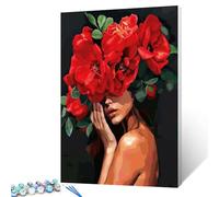 Tucocoo Women with Flowers on Head Paint by Numbers for Adults Beginner Female Body Painting Red Flower Acrylic Oil Painting Set for Home Decor and Gift for Festival with Frame-16''W x 20''H