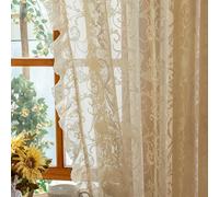 TUDECO Beige Sheer Curtains 54 Inch Length - Romantic Floral Short Lace Curtains for Kitchen Bathroom Laundry, Rod Pocket Privacy RV Curtain Panels with Ruffle Edges, 1 Pair, 59W x 54 Inch