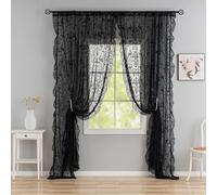 TUDECO Black Ruffle Curtains 90 Inches Long - Boho Floral Semi Sheer Black Lace Curtains for Living Room, Old House Tulle Rod Pocket Light Filtering Gothic Bedroom Decor 2 Panels, 59W x 90L Inch