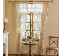 TUDECO Light Beige Curtains 90 Inches Long - Rustic Embroidered Sheer Lace Curtains for Living Room 2 Panels, Rod Pocket Light Filtering Ruffle Edges Decorative Vintage Bedroom Decor, 59W x 90L Inch