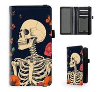 Tudguiloae Checkbook Cover for Women & Men, Leather Checkbook holder Personal Checkbook, RFID Blocking Duplicate Checkbook Cover Checkbook Wallet with Elastic Strap 12, Skull Butterflies Bloom, 7.28