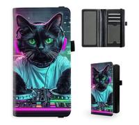 Tudguiloae Checkbook Cover for Women & Men, Leather Checkbook holder Personal Checkbook, RFID Blocking Duplicate Checkbook Cover Checkbook Wallet with Elastic Strap 8, DJ Cat Neon City, 7.28*3.93 inch