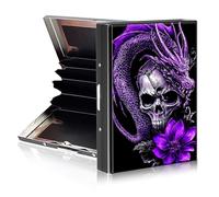 Tudguiloae Credit Card Holder Metal Wallet for Women Men, Slim RFID Blocking Metal Credit Card Protector, Hard Aluminum Business ID Case Wallet with 6 Card Slots 10, Purple Dragon Skull, 3.74 x 2.56 x