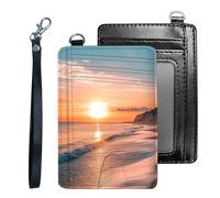 Tudguiloae Credit Holder Slim Wallet, PU Leather RFID Blocking, Women & Men Front Pocket Small Card Holder, Credit Card Wallet with Wristlet, Convenient Travel Business-5, Sunset Beach, Modern