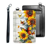 Tudguiloae Credit Holder Slim Wallet, PU Leather RFID Blocking, Women & Men Front Pocket Small Card Holder, Credit Card Wallet with Wristlet, Convenient Travel Business-9, Sunflowers Butterflies