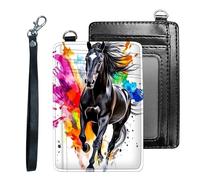 Tudguiloae Credit Holder Slim Wallet, PU Leather RFID Blocking, Women & Men Front Pocket Small Card Holder, Credit Card Wallet with Wristlet, Convenient Travel Business-6, Oil Painting Black Horse