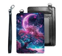 Tudguiloae Credit Holder Slim Wallet, PU Leather RFID Blocking, Women & Men Front Pocket Small Card Holder, Credit Card Wallet with Wristlet, Convenient Travel Business-9, Pink Tree Crescent Moon
