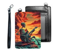 Tudguiloae Credit Holder Slim Wallet, PU Leather RFID Blocking, Women & Men Front Pocket Small Card Holder, Credit Card Wallet with Wristlet, Convenient Travel Business-7, Guitar Skull