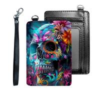 Tudguiloae Credit Holder Slim Wallet, PU Leather RFID Blocking, Women & Men Front Pocket Small Card Holder, Credit Card Wallet with Wristlet, Convenient Travel Business-4, Garden Skull