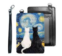 Tudguiloae Credit Holder Slim Wallet, PU Leather RFID Blocking, Women & Men Front Pocket Small Card Holder, Credit Card Wallet with Wristlet, Convenient Travel Business-6, Starry Sky Black White Cat