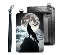 Tudguiloae Credit Holder Slim Wallet, PU Leather RFID Blocking, Women & Men Front Pocket Small Card Holder, Credit Card Wallet with Wristlet, Convenient Travel Business-9, Wolf Howling Moon