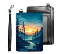 Tudguiloae Credit Holder Slim Wallet, PU Leather RFID Blocking, Women & Men Front Pocket Small Card Holder, Credit Card Wallet with Wristlet, Convenient Travel Business-7, Sunset Forest, Modern
