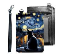 Tudguiloae Credit Holder Slim Wallet, PU Leather RFID Blocking, Women & Men Front Pocket Small Card Holder, Credit Card Wallet with Wristlet, Convenient Travel Business-6, Starry Night Black Cat