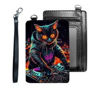 Tudguiloae Credit Holder Slim Wallet, PU Leather RFID Blocking, Women & Men Front Pocket Small Card Holder, Credit Card Wallet with Wristlet, Convenient Travel Business-7, DJ Black Cat, Modern