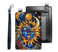 Tudguiloae Credit Holder Slim Wallet, PU Leather RFID Blocking, Women & Men Front Pocket Small Card Holder, Credit Card Wallet with Wristlet, Convenient Travel Business-4, Sun Moon Stars, Modern